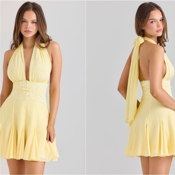 House of CB Dresses & Skirts - House of CB 'Ailani' Butter Yellow Georgette Halter Neck Mini Dress Size L NWOT